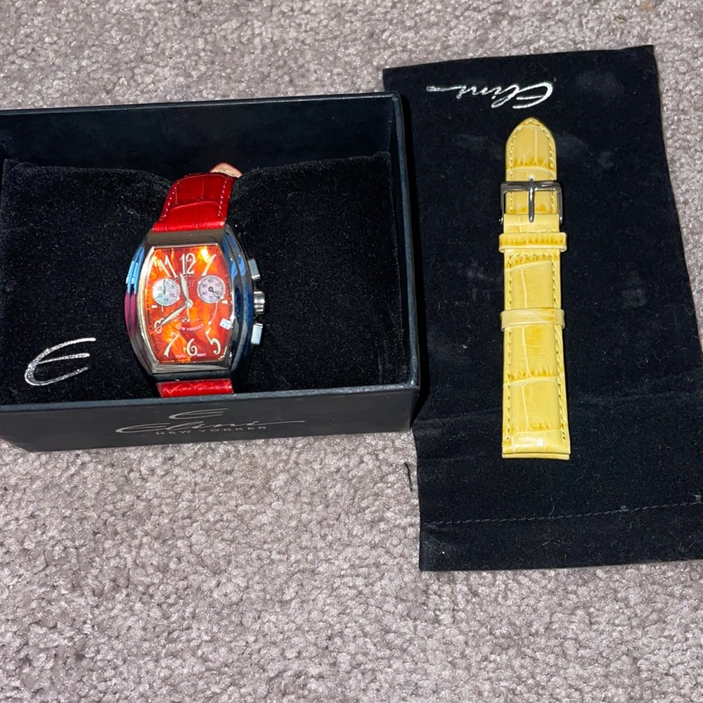 Geneva Red Leather Strap Chronograph Watch with Yellow Replacement Band
